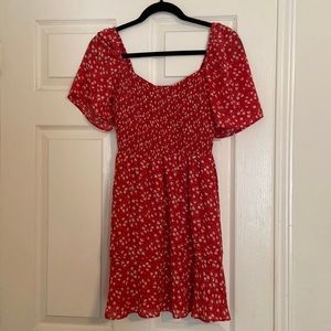 Red floral dress with white flowers. With pockets!